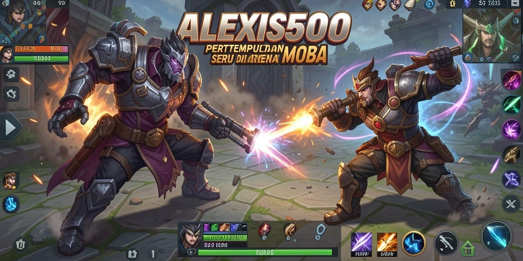 Screenshot ALEXIS500 menunjukkan pertarungan hero epik di arena MOBA.